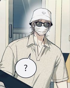 an anime character wearing a surgical mask and holding a tablet with a question mark on it