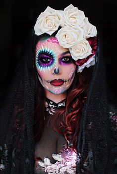 Purple Dia De Los Muertos Makeup Ideas, Colorful Sugar Skull Makeup, Dia De Los Muertos Makeup For Women, Cute Halloween Makeup Ideas, Day Of The Dead Makeup, Sugar Skull Costume