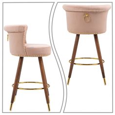 a pink velvet stool with wooden legs and gold trimmings on the back, in front of a white background