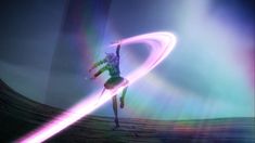 a woman is dancing in the middle of an animated scene with light streaks coming from her body