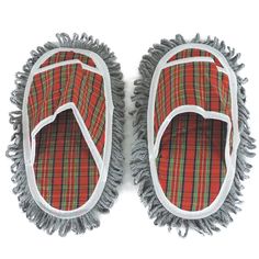 pair of red plaid slippers with white soles on top of each one and grey mop bottom