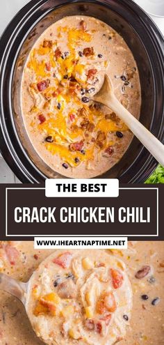 the best crock chicken chili recipe in a slow cooker with text overlay