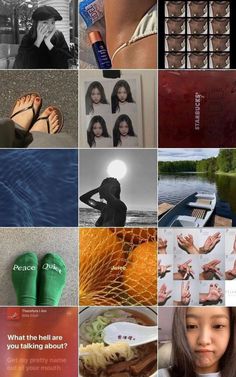 the collage has many different pictures and captions on it, including women's feet