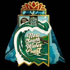 the new south wales coast logo is displayed on a black background with blue and green waves