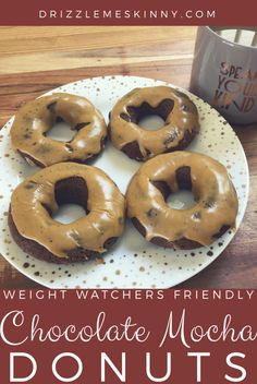 chocolate mocha donuts on a white plate with text overlay that reads weight watchers friendly chocolate mocha donuts