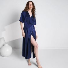 Luxe meets comfort. The Washable Silk Wrap Dress in a waist defining silhouette. Made in our iconic velvety soft Washable Silk that’s naturally thermoregulating (read: that cool side of the pillow feeling all night long). Thoughtful tie detailing – untie at night for roomier comfort, or closed during day. Self-covered Silk Wrap Dress, Silk Wrap Dresses, Silk Wrap, Short Leggings, Bedding Shop, Ethical Fashion, Cotton Silk, Deep Blue, At Night