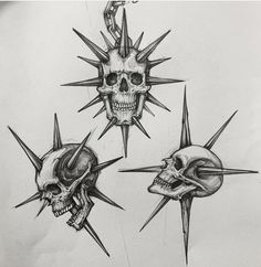 three skulls with spikes on their heads are shown in this tattoo art design by person