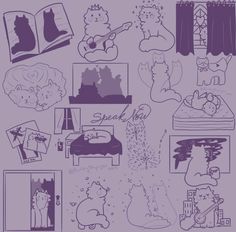 a bunch of drawings that are on top of a purple sheet with writing in it