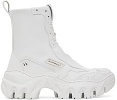 Ankle-high paneled buffed faux-leather boots in white. · Lace-up closure · Logo embossed at vamp and padded tongue · Pull-loop at heel collar · Rubberized logo patch at outer side · Zip closure at inner side · Sculptural rubber platform midsole · Lugged rubber outsole · Platform: H2 in Supplier color: White White Ankle Boots, Faux Leather Boots, White Boots, Platform Boots, Timberland Boots, Casual Boots, Patch Logo, Side Zip, White Lace