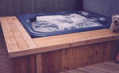 a dog is sitting on the deck next to a hot tub with foam in it