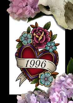 Traditional heart and florals with banner Tattoo Style Year Print Great for birthday, Anniversarys, or just anything to commemorate a year, just let me know which year you want and I can sort it. 🖤Available in A5 or A4 sizes 🖤Any year you want 🖤Shipping time is as fast as possible, at the vey latest shipped within 4 days. Please don't hesitate to contact me with any questions.  🖤UK shipping is posted 2nd class (unless the upgrade is selected at checkout), and international is sent internatio Neo Traditional Flower Tattoo Design, Banner Tattoo, American Traditional Sleeve, Traditional Heart Tattoos, Traditional Heart, Traditional Tattoo Inspiration, Traditional Tattoo Flowers, Traditional Sleeve, Traditional Tattoo Art