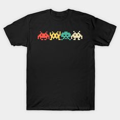 an old school video game pixel art t - shirt with four different colors and sizes