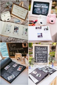 wedding guest book, camera, and photo album on the table with chalkboard signs