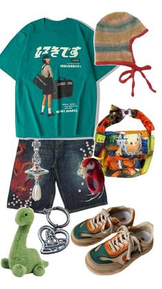 an assortment of children's clothing and accessories including a hat, t - shirt