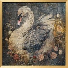 a painting of a swan with its mouth open sitting on the ground next to flowers