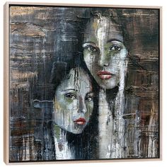 an abstract painting with two women's faces