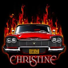 an old red car with flames on the front and back, is shown against a black background