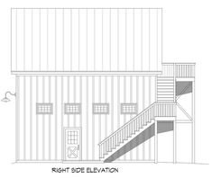 the right side elevation of a house with stairs leading up to the second floor and third story