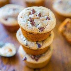 chocolate chip muffins stacked on top of each other