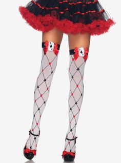 Woven diamond card suit thighs high with bow and card charm Diamond Card, Diamond Tights, White Thigh Highs, Black White Outfit, Unique Socks, Red Card, Leg Avenue, Woman Weaving, Red Diamond