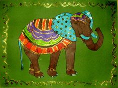 an elephant painted in bright colors on a green background