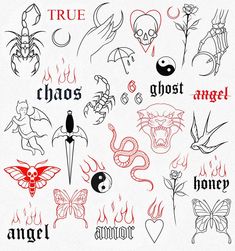 the different types of tattoos are shown in this drawing style, and each has an individual's name on it