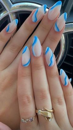 Blue And White Nails, Light Blue Nails, Blue Acrylic Nails, Makijaż Smokey Eye, Almond Acrylic Nails, Nail Swag, Acrylic Nails Coffin Short