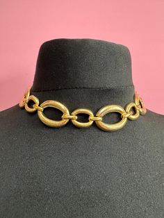 Retro wide link chunky gold tone choker necklace 1980s 1990s 43 x 2cm Old shop deadstock from 80s Gold Chunky Chain Choker For Party, Gold Metal Chain Link Choker, Gold Chain Link Metal Choker, Retro Gold Choker Necklace, Retro Gold Metal Chain Necklace, Retro Gold Chain Necklace, Vintage Chunky Gold Necklace, Gold Retro Choker, Vintage Gold Chain Choker Necklace