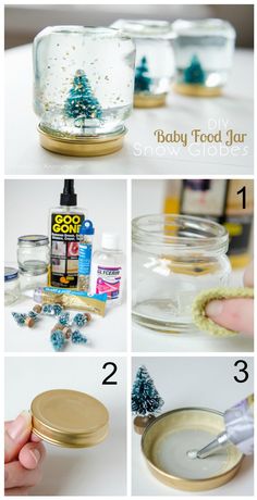 the instructions for how to make baby food jar snow globes with glitter and glue