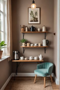 A cozy vintage coffee nook featuring shelves filled with decorative tableware and lush plants, perfect for coffee lovers seeking inspiration.