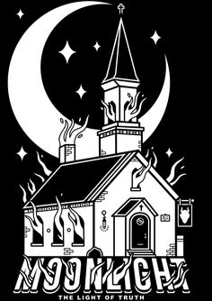 a church with the moon in the background and stars on it's steeple