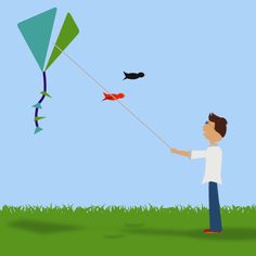 a man flying a kite on top of a lush green field