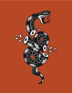 a black and white snake with flowers on it's tail, in front of an orange background