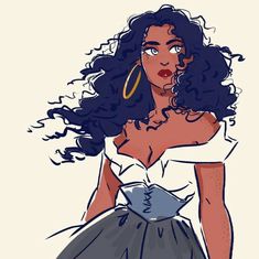 a drawing of a woman with curly hair wearing a white shirt and blue skirt, looking off to the side