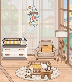 a living room filled with furniture and a baby crib in front of a window