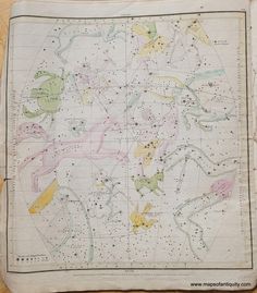 an old map shows the stars in the sky, including unicorns and horses on it