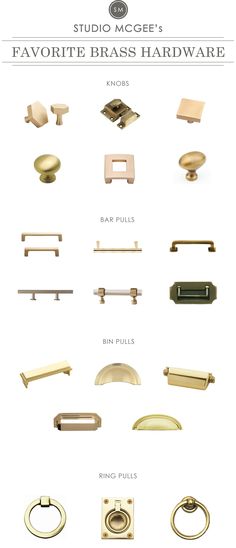 various brass handles and pulls are shown in this guide for the home decorating process