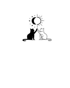 a black and white drawing of two cats sitting next to each other with the moon above them