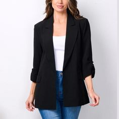 Throw this versatile black blazer on any top to polish your look for any in-person or online meetings and after-work parties. The 3/4 sleeves make it cool enough to wear on warm summer days. DETAILS Material: 98% Polyester 2% Spandex Lining: 100% Polyester. Design: 3/4 sleeves, no front closure, with lining Color: brown SIZE GUIDE S - 33-34" bust, 27-28" waist, 35-36" hips M - 35-36" bust, 29-30" waist, 37-38" hips L - 36-38" bust, 31-32" waist, 39-40" hips STYLE SUGGESTIONS 👉🏼 Go for an eleva Professional Black Blazer For Office, Black Professional Blazer For Office, Professional Black Outerwear For Office, Professional Black Office Blazer, Professional Black Blazer For Fall, Black Professional Outerwear For Office, Black Blazer With Lapel Collar For Career, Black Lapel Collar Blazer For Career, Classic Formal Outerwear With 3/4 Sleeves