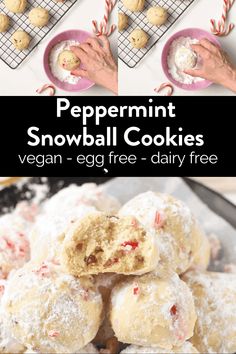 peppermint snowball cookies are stacked on top of each other and ready to be eaten