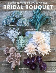 paper flowers and foliage for bridal bouquet on a wooden background with text overlay