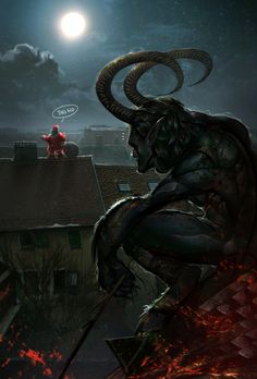 a demon with long horns is sitting on a roof in front of a full moon