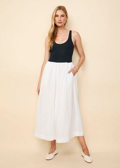 The Samantha Dress - Solid & Striped Casual Cotton Maxi Dress With Gathered Waist, White Midi Dress With Gathered Waist For Summer, Sleeveless Cotton Midi Dress With Side Pockets, White Midi Dress With Gathered Skirt For Summer, White Casual Dress With Gathered Skirt, Casual Midi Dress With Gathered Skirt For Daywear, Casual White Dress With Gathered Skirt, White Gathered Skirt Midi Dress For Summer, Sleeveless Maxi Dress With Elastic Waistband For Daywear