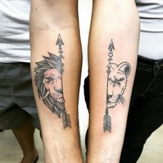 two people with tattoos on their legs, one has a lion and the other has a bear