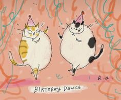 two cats wearing party hats are dancing in front of a pink background with the words birthday dance written on it