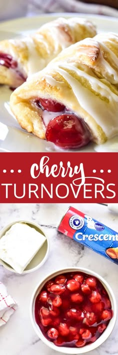 cherry turnovers on a white plate with cream cheese and strawberries in the bowl