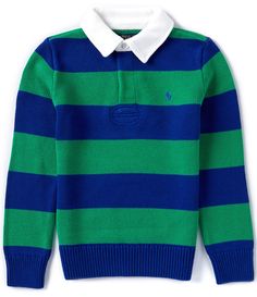 From Polo Ralph Lauren&#x2C; this sweater features:Horizontal stripe printContrasting knit rugby collarLong sleeves with rib-knit cuffsTwo-button rugby placketRubber buttonsSignature embroidered Pony on the left side of chestRib-knit hemChunky-knit cottonMachine wash/tumble dryImported. White Long Sleeve Polo Sweater With Striped Collar, Classic Winter Tops With Contrast Stripes, Classic Winter Polo Sweater With Striped Collar, Classic Long Sleeve Sweater With Contrast Stripes, Winter Cotton Sweater With Striped Collar, Preppy Long Sleeve Tops With Ribbed Cuffs, Blue Winter Sweater With Striped Cuffs, Striped Long Sleeve Polo Sweater With Ribbed Collar, Striped Long Sleeve Polo Sweater