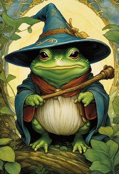 a frog wearing a witches hat and holding a broom