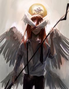 an angel with long red hair holding a staff