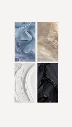 four abstract paintings in different shades of grey, white and black on a white background